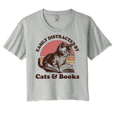 Vintage Easily Distracted By Cats And Books Women's Crop Top Tee