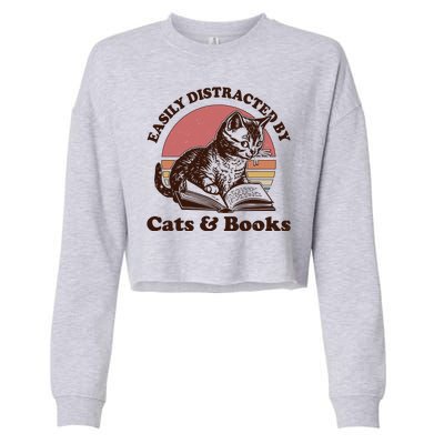 Vintage Easily Distracted By Cats And Books Cropped Pullover Crew