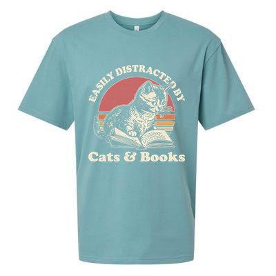 Vintage Easily Distracted By Cats And Books Sueded Cloud Jersey T-Shirt