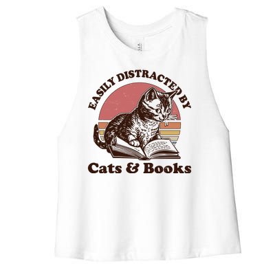 Vintage Easily Distracted By Cats And Books Women's Racerback Cropped Tank