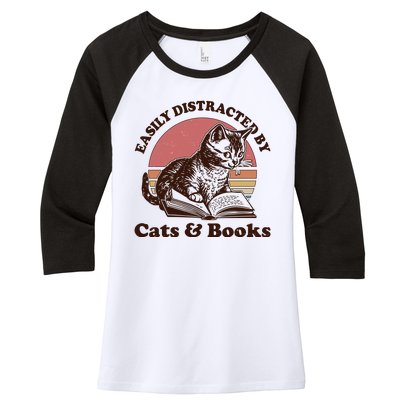 Vintage Easily Distracted By Cats And Books Women's Tri-Blend 3/4-Sleeve Raglan Shirt