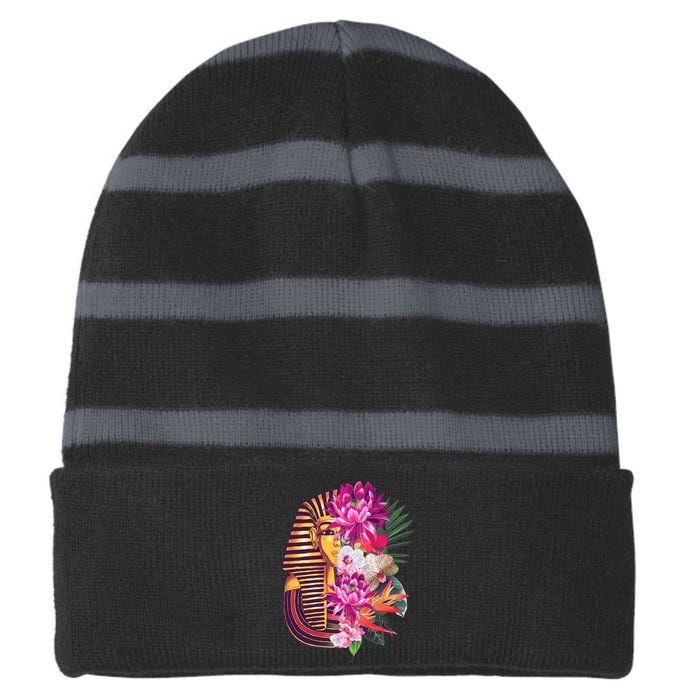 Vintage Exotic Flowers Floral Pharaoh Mask Striped Beanie with Solid Band