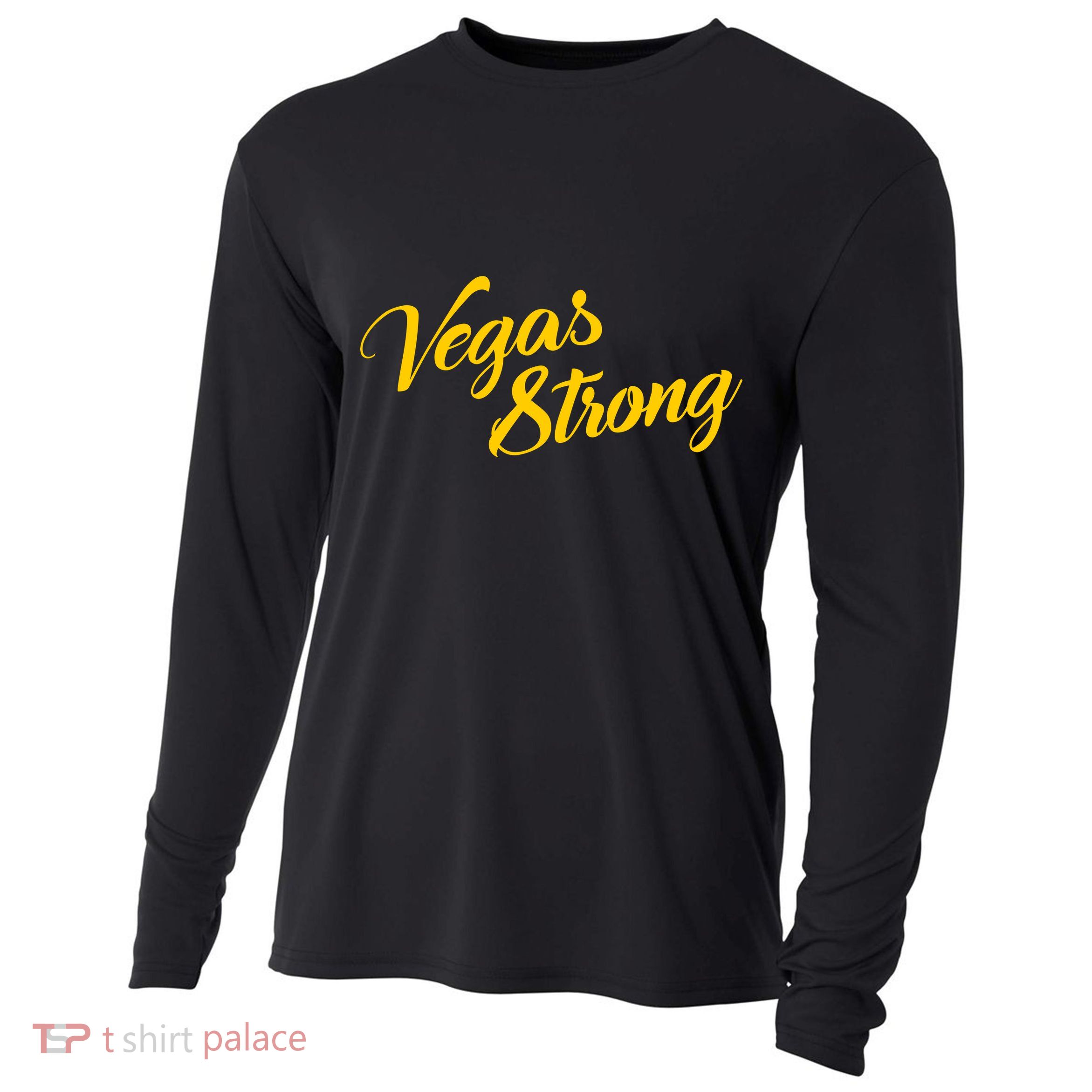Vegas Strong Gold Script Cooling Performance Long Sleeve Crew