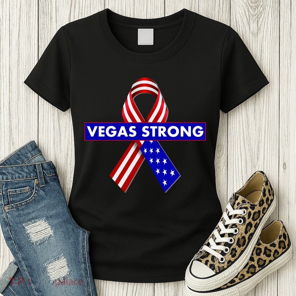 Vegas Strong USA Flag Ribbon Womens T-Shirt