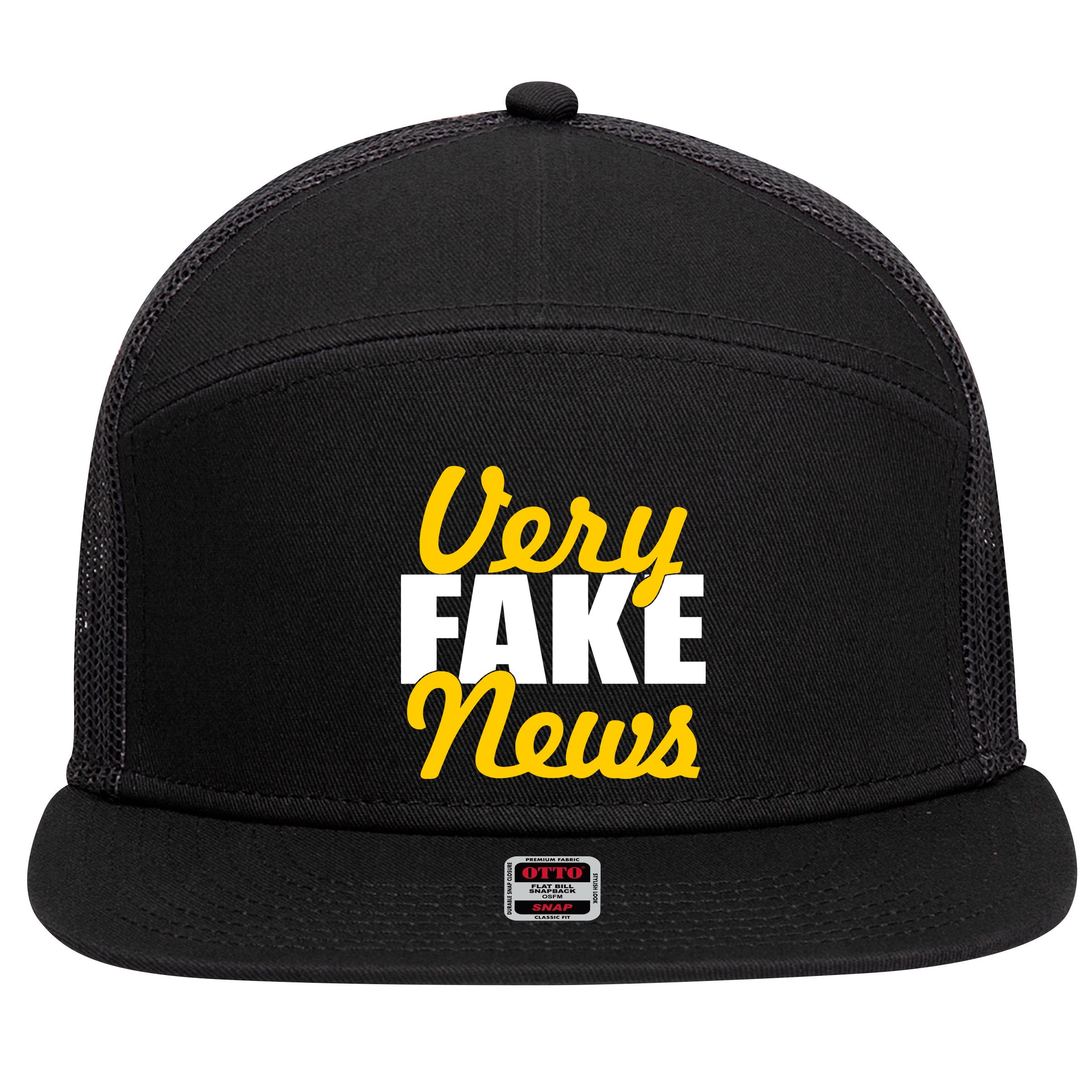 Very Fake News Black & Gold Script 7 Panel Mesh Trucker Snapback Hat