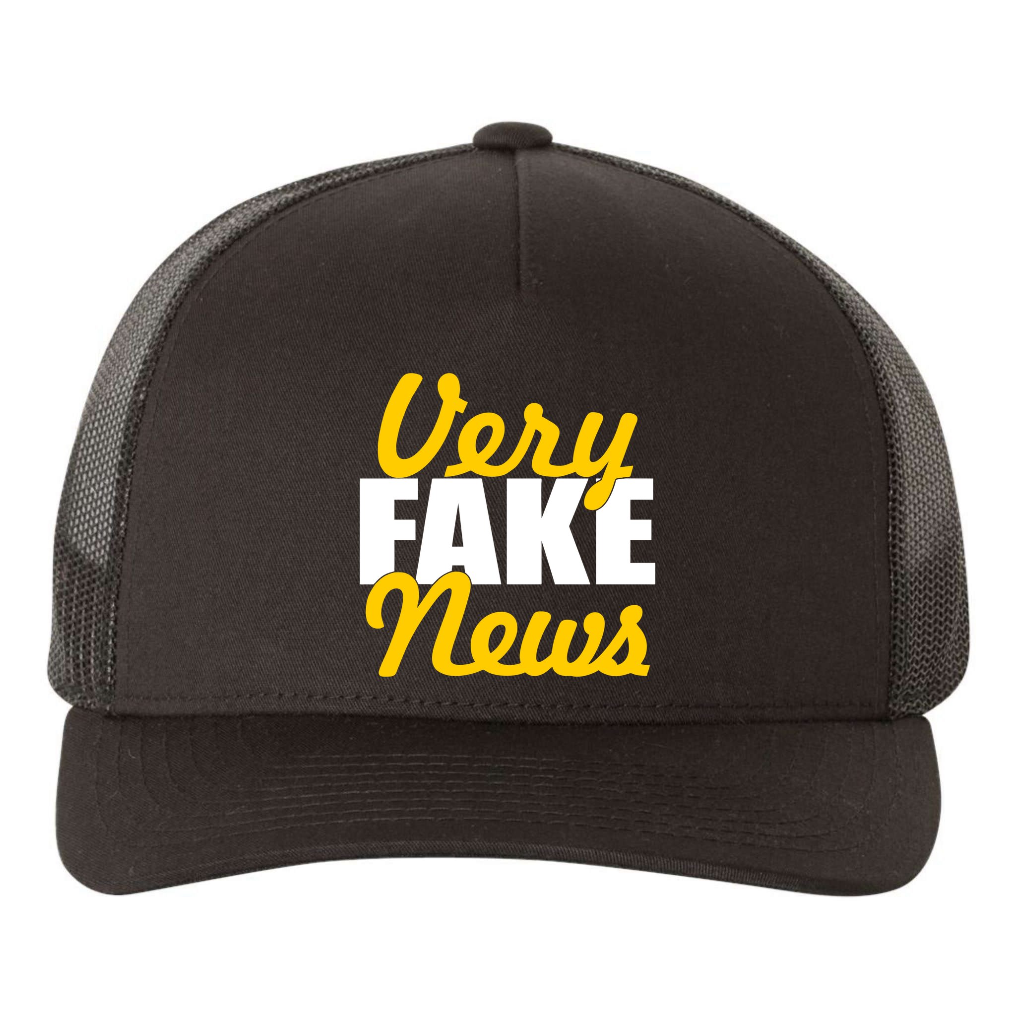 Very Fake News Black & Gold Script Yupoong Adult 5-Panel Trucker Hat