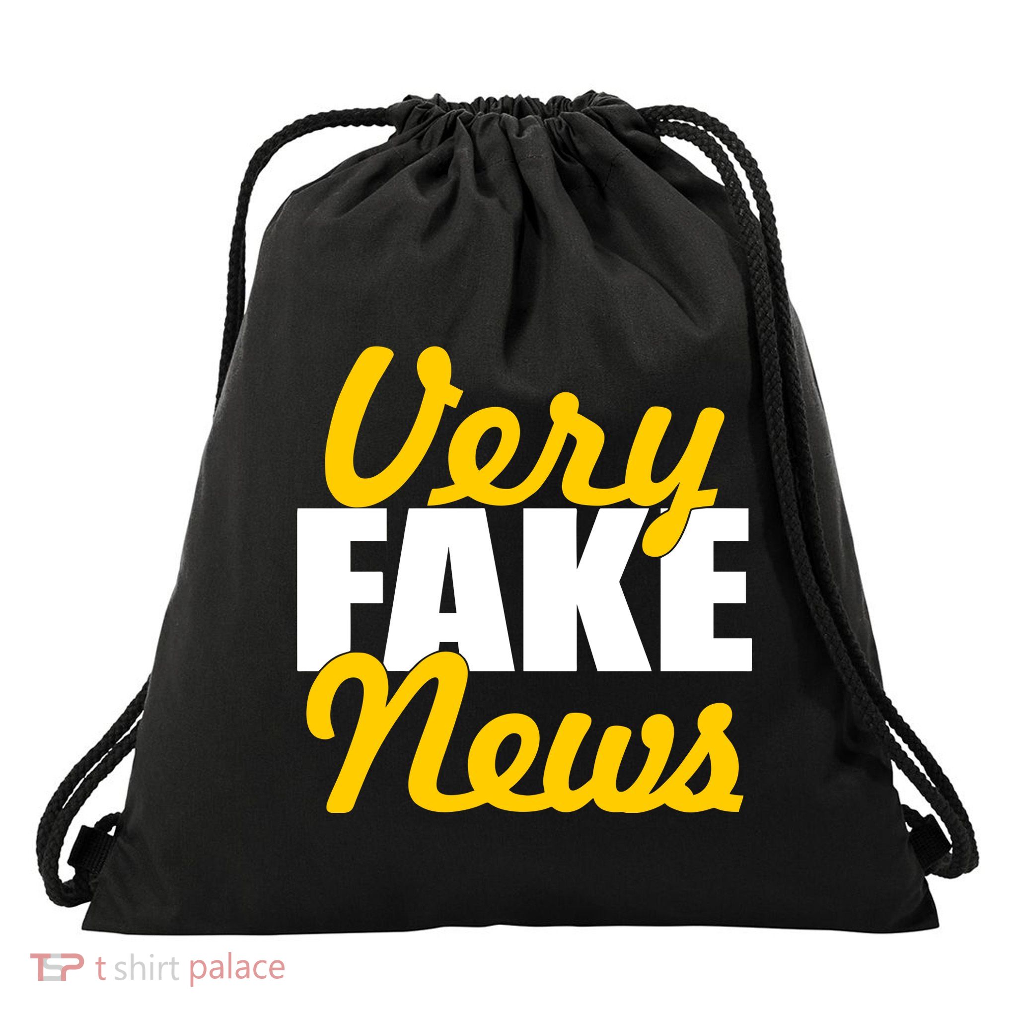 Very Fake News Black & Gold Script Drawstring Bag