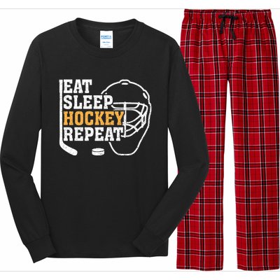 Vintage Eat Sleep Hockey Repeat Hockey Funny Ice Hockey Fan Gift Long Sleeve Pajama Set