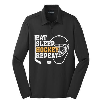 Vintage Eat Sleep Hockey Repeat Hockey Funny Ice Hockey Fan Gift Silk Touch Performance Long Sleeve Polo