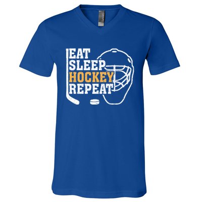 Vintage Eat Sleep Hockey Repeat Hockey Funny Ice Hockey Fan Gift V-Neck T-Shirt