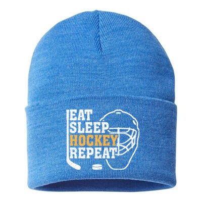 Vintage Eat Sleep Hockey Repeat Hockey Funny Ice Hockey Fan Gift Sustainable Knit Beanie