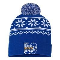 Vintage Eat Sleep Hockey Repeat Hockey Funny Ice Hockey Fan Gift USA-Made Snowflake Beanie