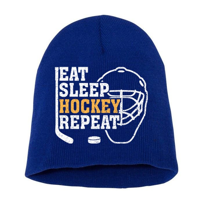 Vintage Eat Sleep Hockey Repeat Hockey Funny Ice Hockey Fan Gift Short Acrylic Beanie