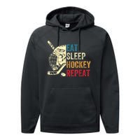 Vintage Eat Sleep Hockey Repeat Retro Ice Hockey Gift Performance Fleece Hoodie