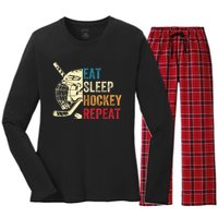 Vintage Eat Sleep Hockey Repeat Retro Ice Hockey Gift Women's Long Sleeve Flannel Pajama Set 