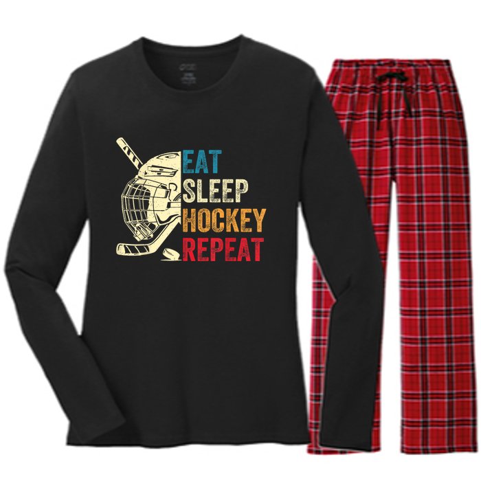 Vintage Eat Sleep Hockey Repeat Retro Ice Hockey Gift Women's Long Sleeve Flannel Pajama Set 