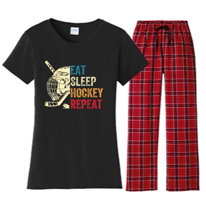 Vintage Eat Sleep Hockey Repeat Retro Ice Hockey Gift Women's Flannel Pajama Set