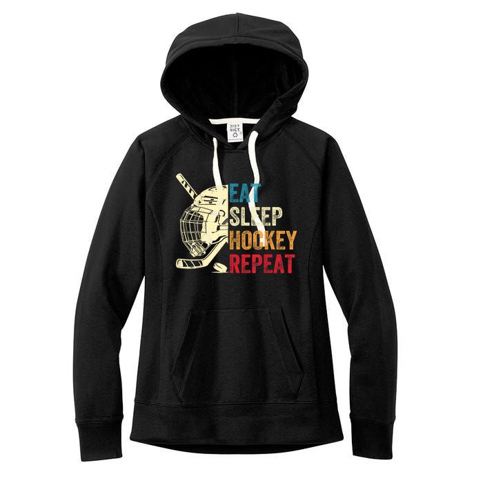 Vintage Eat Sleep Hockey Repeat Retro Ice Hockey Gift Women's Fleece Hoodie