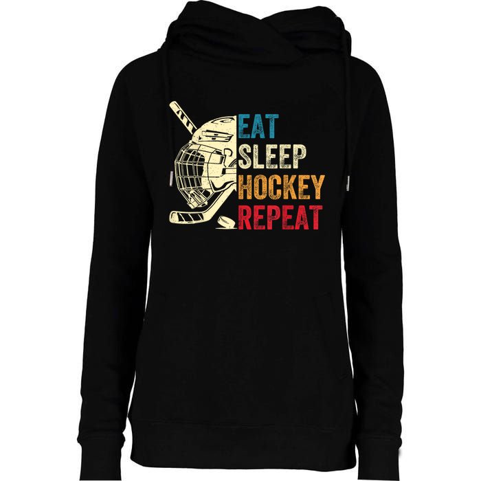 Vintage Eat Sleep Hockey Repeat Retro Ice Hockey Gift Womens Funnel Neck Pullover Hood