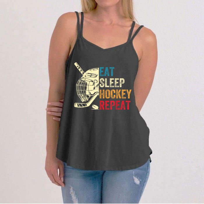 Vintage Eat Sleep Hockey Repeat Retro Ice Hockey Gift Women's Strappy Tank