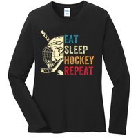 Vintage Eat Sleep Hockey Repeat Retro Ice Hockey Gift Ladies Long Sleeve Shirt