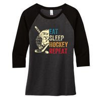 Vintage Eat Sleep Hockey Repeat Retro Ice Hockey Gift Women's Tri-Blend 3/4-Sleeve Raglan Shirt