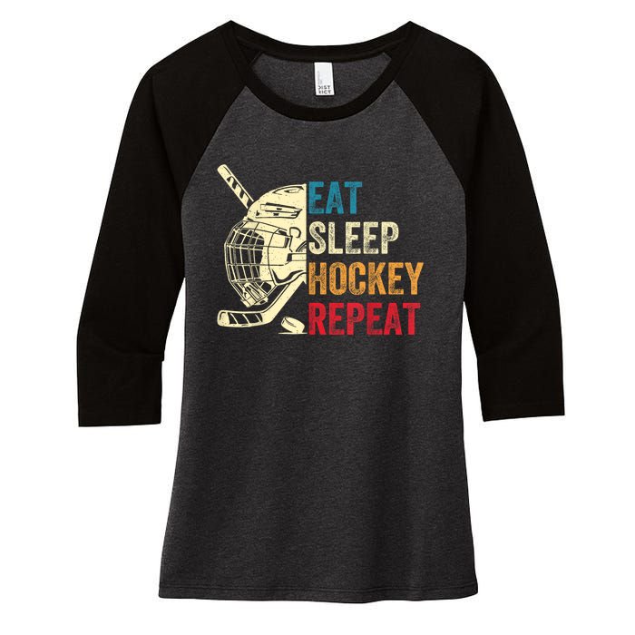 Vintage Eat Sleep Hockey Repeat Retro Ice Hockey Gift Women's Tri-Blend 3/4-Sleeve Raglan Shirt