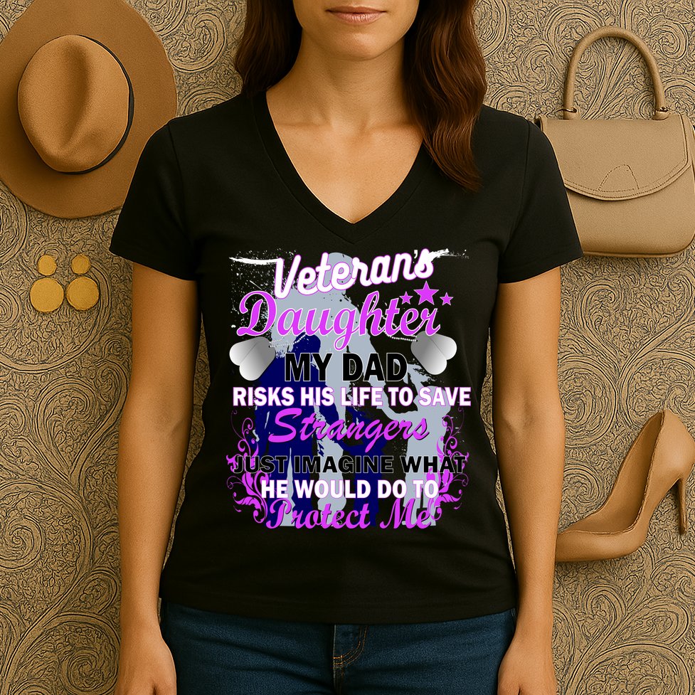 Veteran's Daughter My Dad Risks His Life Protect Me Women's V-Neck T-Shirt