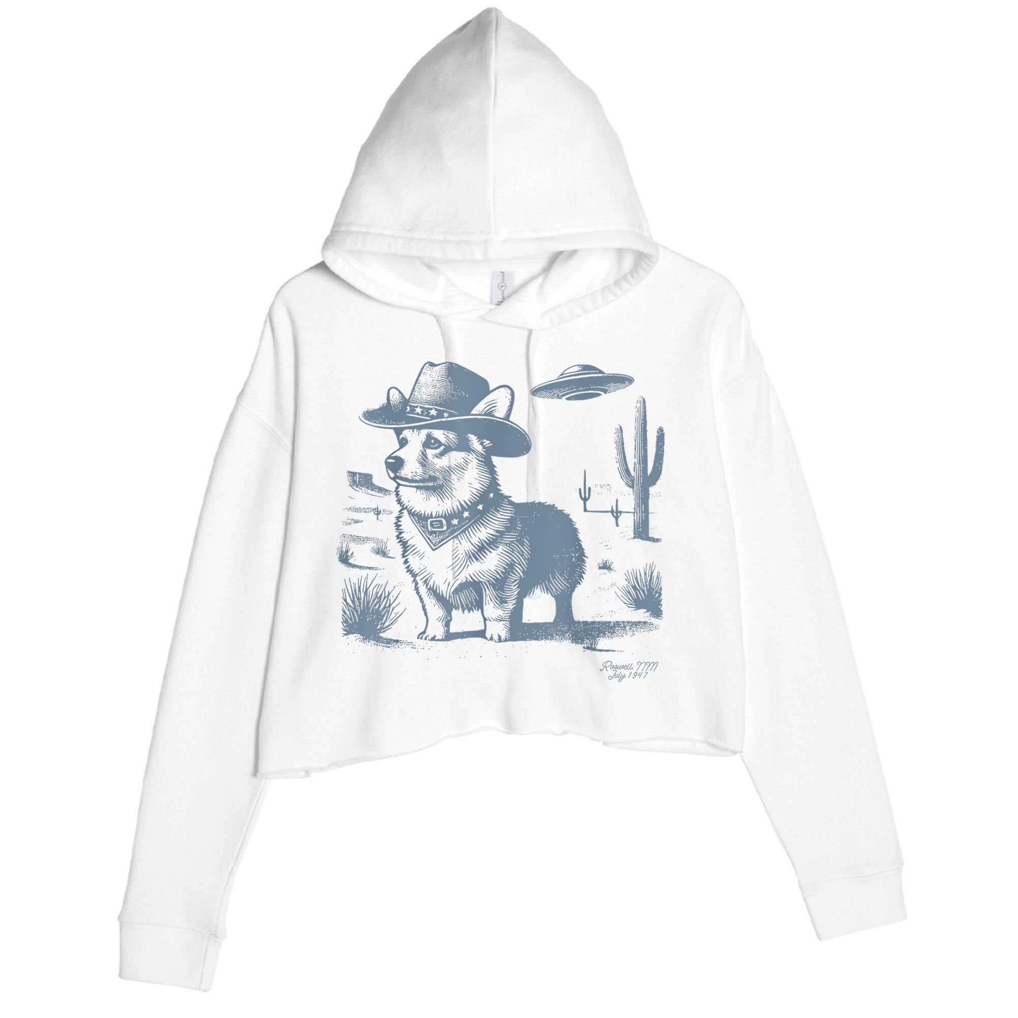 Vintage Funny 90s Western Cowboy Corgi Ufo Crop Fleece Hoodie