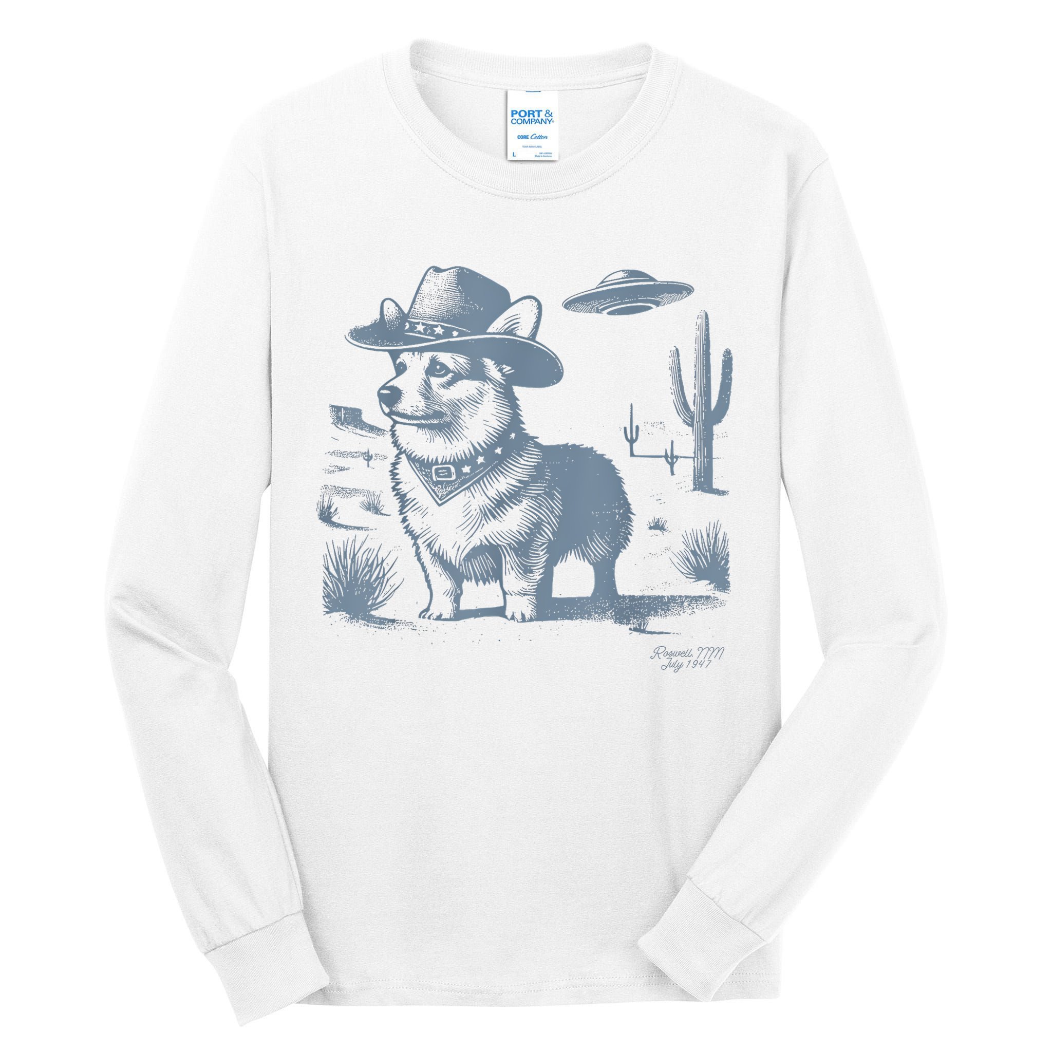 Vintage Funny 90s Western Cowboy Corgi Ufo Tall Long Sleeve T-Shirt