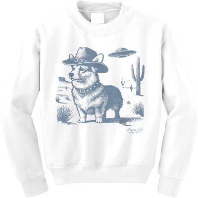 Vintage Funny 90s Western Cowboy Corgi Ufo Kids Sweatshirt
