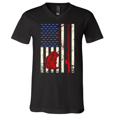 Vintage Fisherman American Flag Fishing Rod Fishing Lover V-Neck T-Shirt