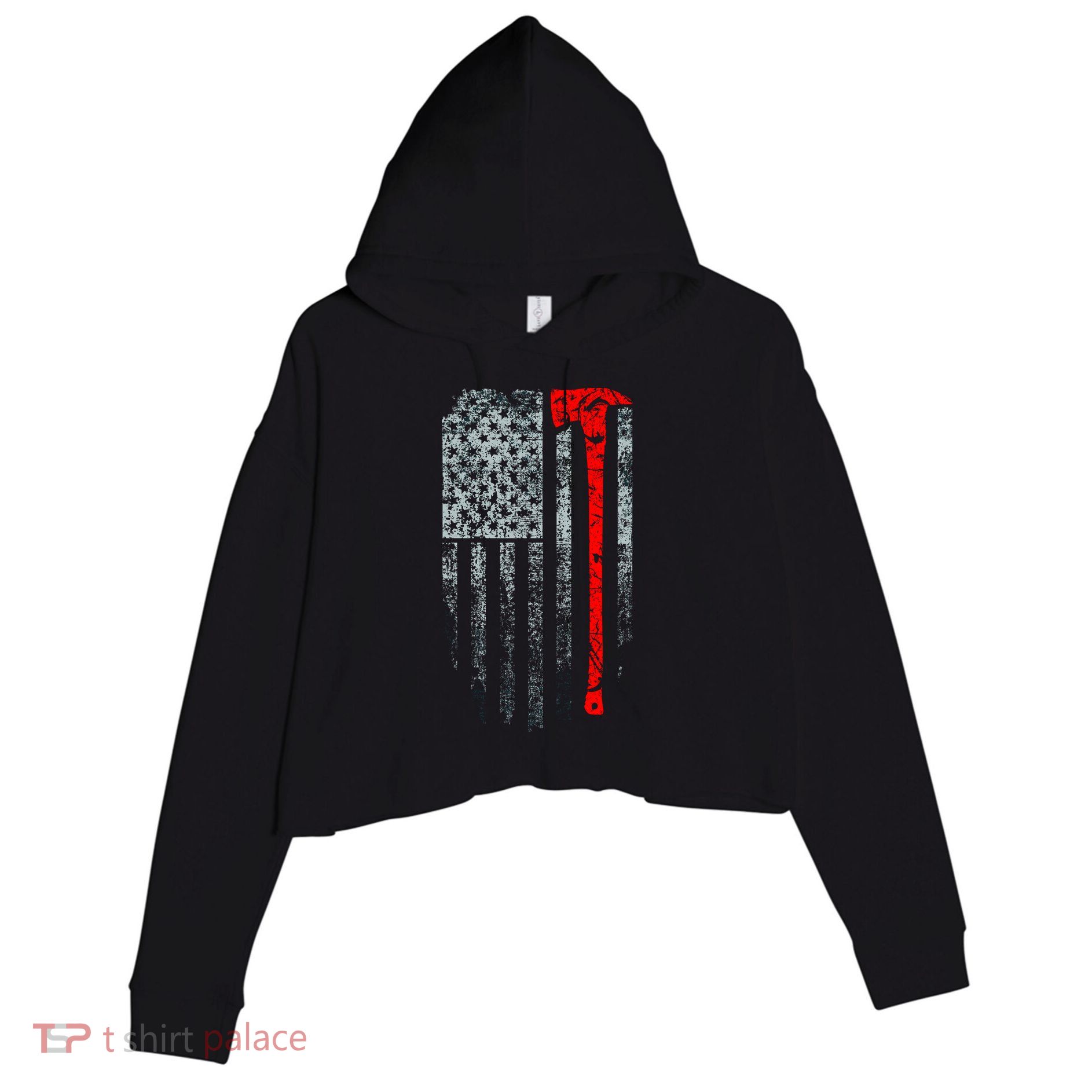 Vintage Firefighter American Grunge Flag & Axe Crop Fleece Hoodie