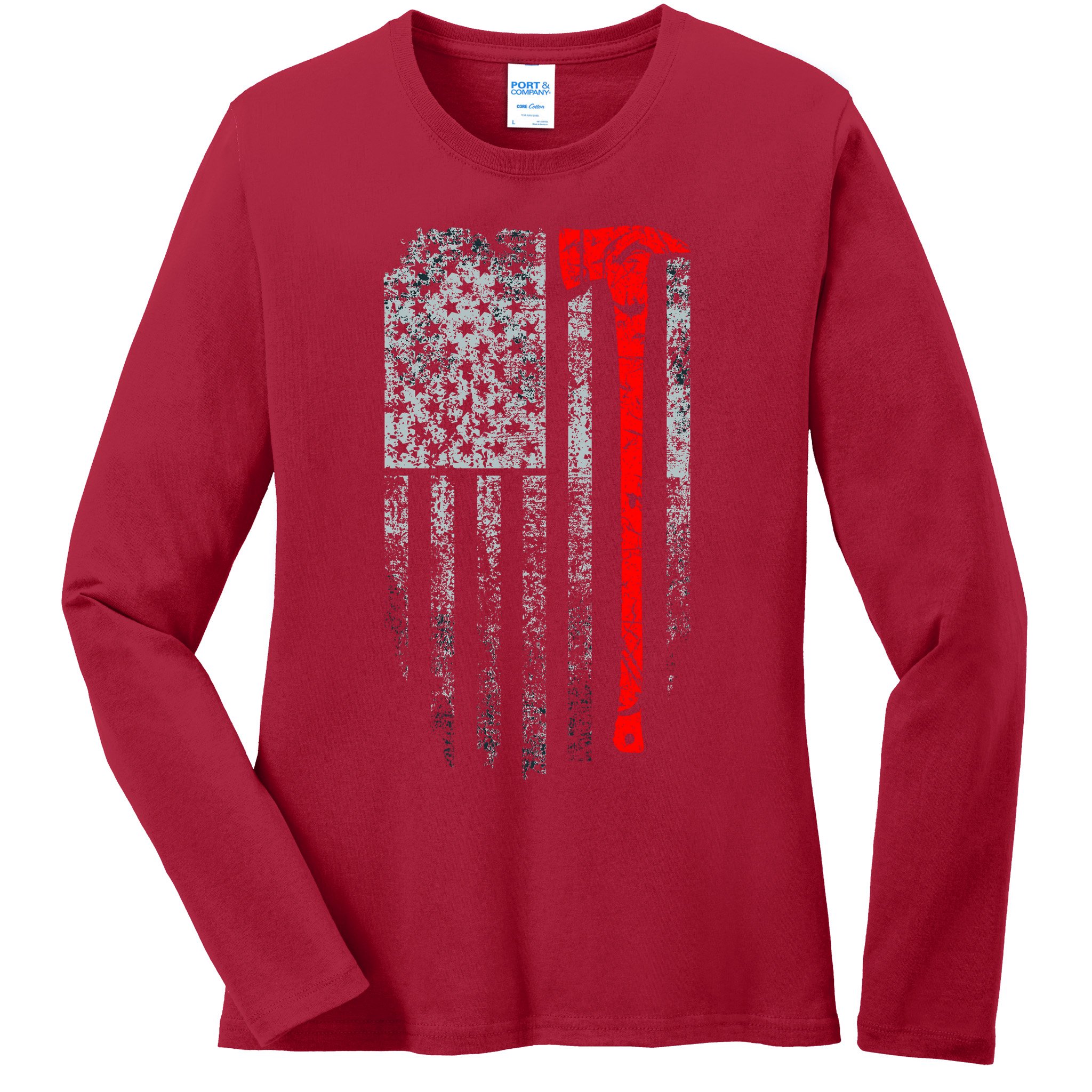 Vintage Firefighter American Grunge Flag & Axe Ladies Long Sleeve Shirt