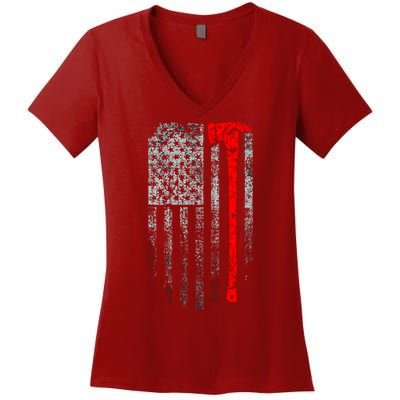 Vintage Firefighter American Grunge Flag & Axe Women's V-Neck T-Shirt