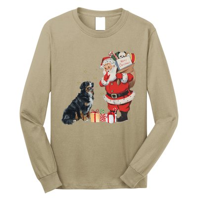 Vintage Funny Bernese Mountain Dog And Santa Clause Xmas Long Sleeve Shirt