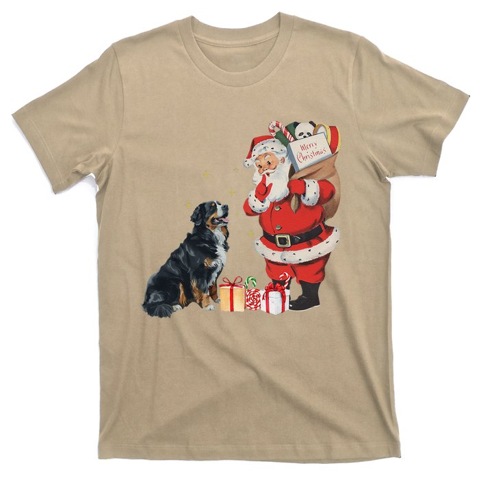 Vintage Funny Bernese Mountain Dog And Santa Clause Xmas T-Shirt