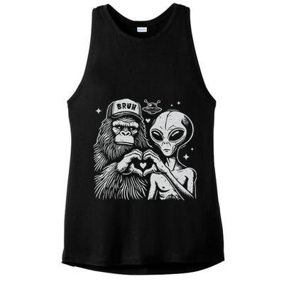 Vintage Funny Bigfoot And Alien Heart Hand Sign Ladies PosiCharge Tri-Blend Wicking Tank