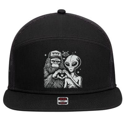 Vintage Funny Bigfoot And Alien Heart Hand Sign 7 Panel Mesh Trucker Snapback Hat