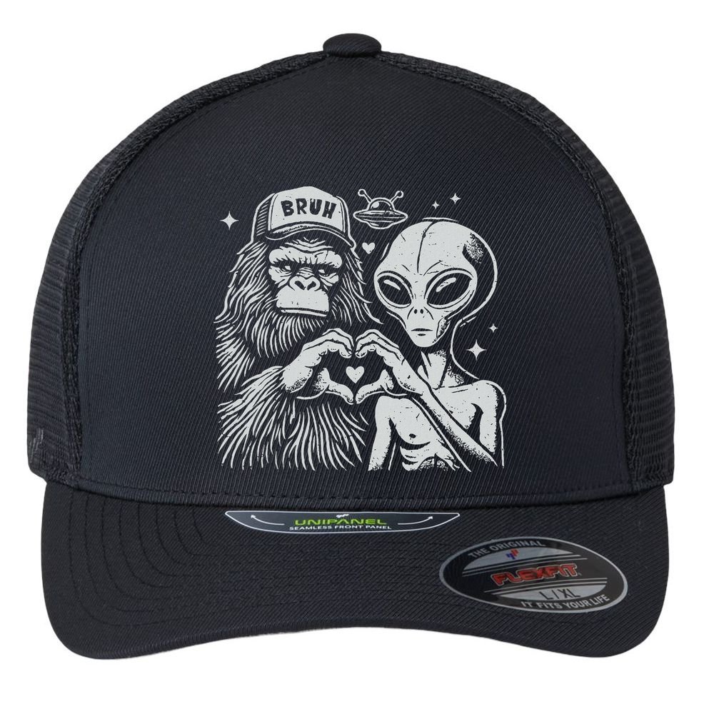 Vintage Funny Bigfoot And Alien Heart Hand Sign Flexfit Unipanel Trucker Cap
