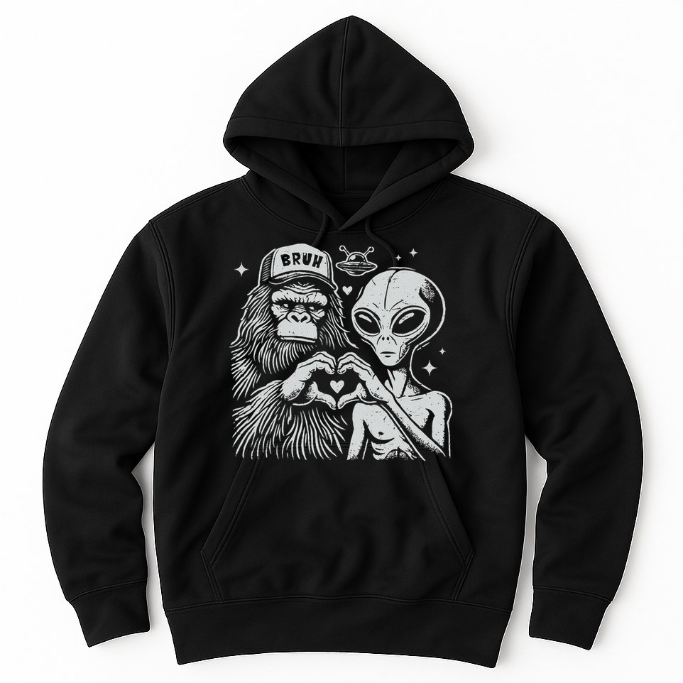 Vintage Funny Bigfoot And Alien Heart Hand Sign Hoodie