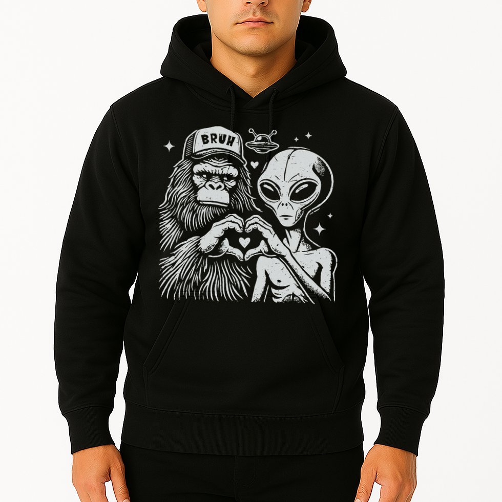 Vintage Funny Bigfoot And Alien Heart Hand Sign Hoodie