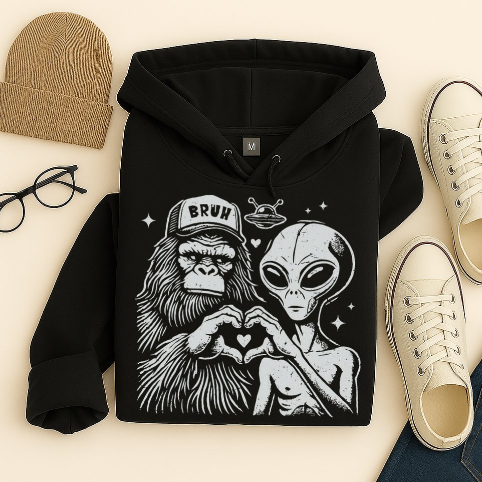 Vintage Funny Bigfoot And Alien Heart Hand Sign Hoodie