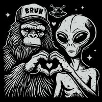 Vintage Funny Bigfoot And Alien Heart Hand Sign Hoodie