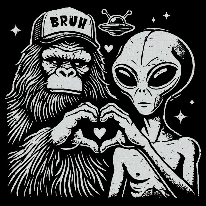 Vintage Funny Bigfoot And Alien Heart Hand Sign Hoodie