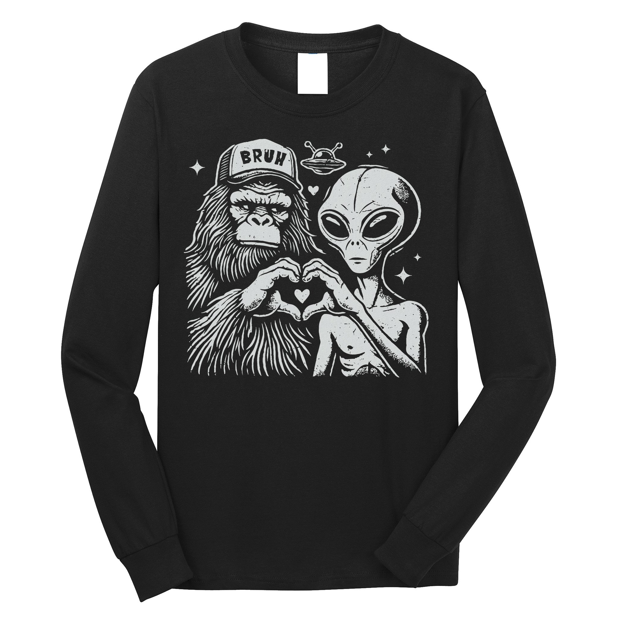 Vintage Funny Bigfoot And Alien Heart Hand Sign Long Sleeve Shirt