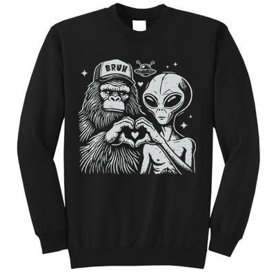 Vintage Funny Bigfoot And Alien Heart Hand Sign Sweatshirt