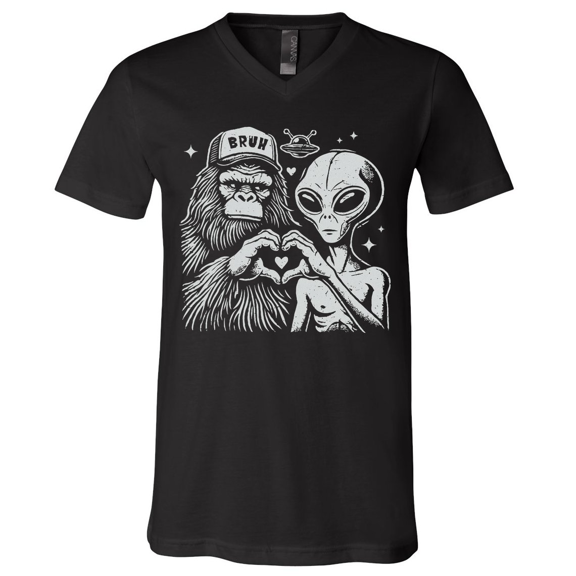Vintage Funny Bigfoot And Alien Heart Hand Sign V-Neck T-Shirt