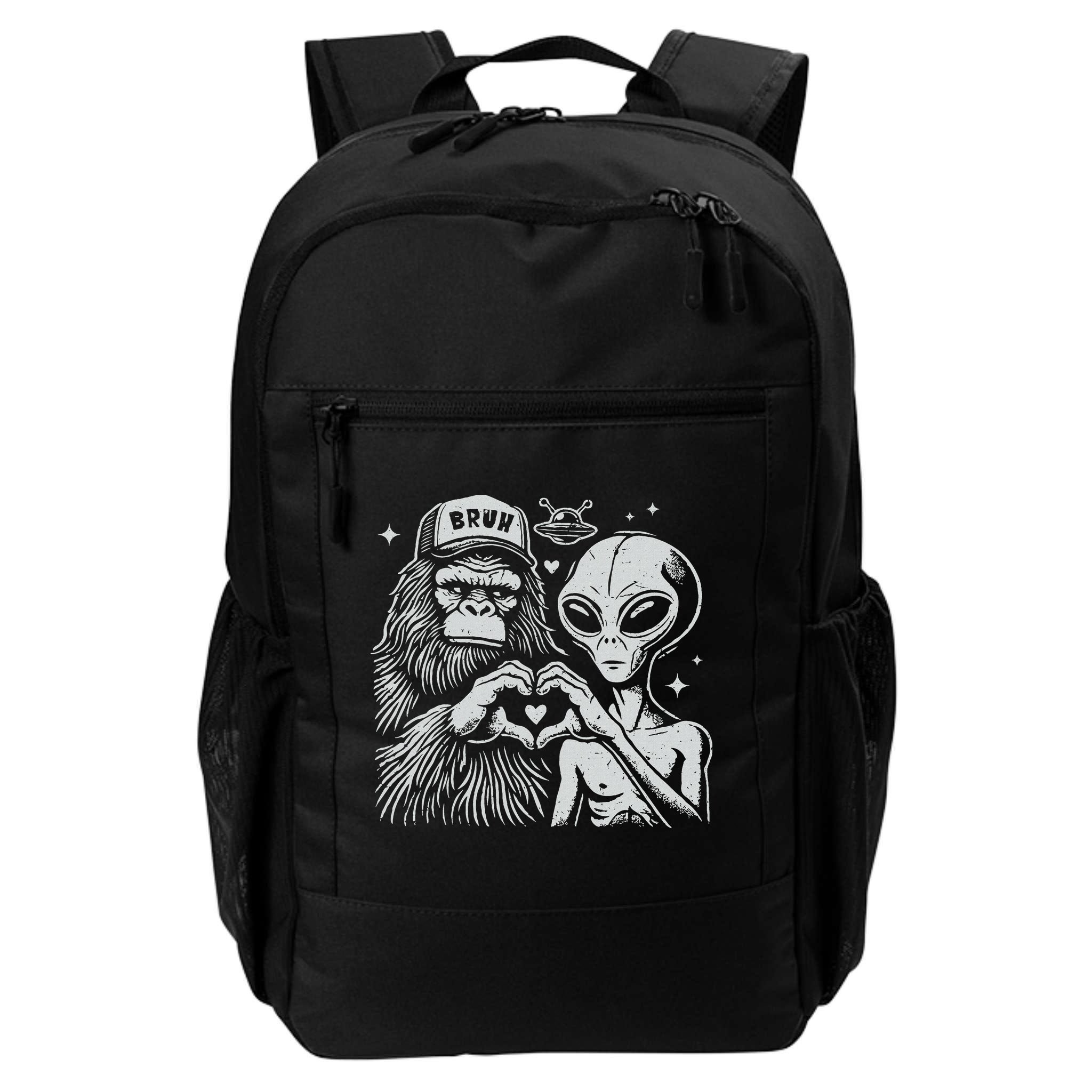 Vintage Funny Bigfoot And Alien Heart Hand Sign Backpack