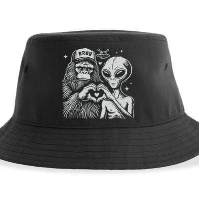 Vintage Funny Bigfoot And Alien Heart Hand Sign Sustainable Bucket Hat